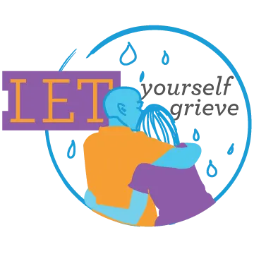 A couple clinging to one another in their time of sadness. Raindrops/tears falling down around them. It says, "Let yourself grieve."