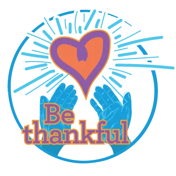 Opened hands palms up to show thanks motioning towards a multi-colored heart. It says, "Be thankful."