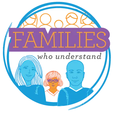 Image of Mom, dad, and visually impaired daughter representing the Hebert family. They are backed by multiple illustrations of other families to show finding support. It says, "Families who understand."