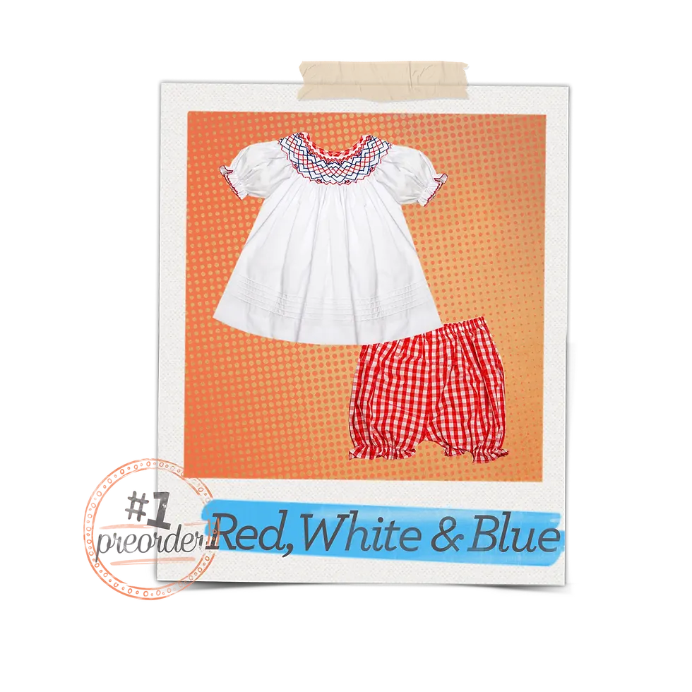 A white short sleeve girl's top with a red white and blue smock across the top and red and white plaid bloomers.