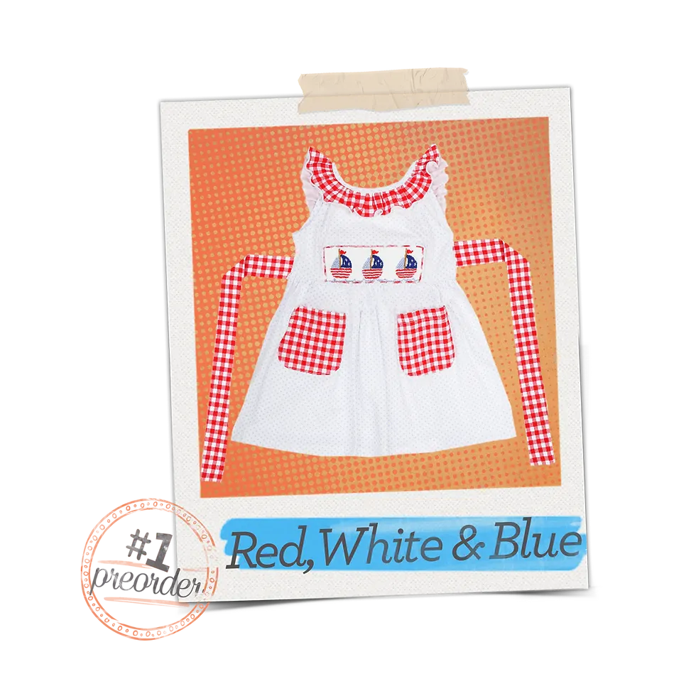 A sleeveless all white dress with a red and white plaid ruffle across the top & matching pockets at the waist.