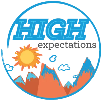 Image of a mountain range, the sun beaming down from above and blue clouds surrounding the serene scene. It says, "High expectations."