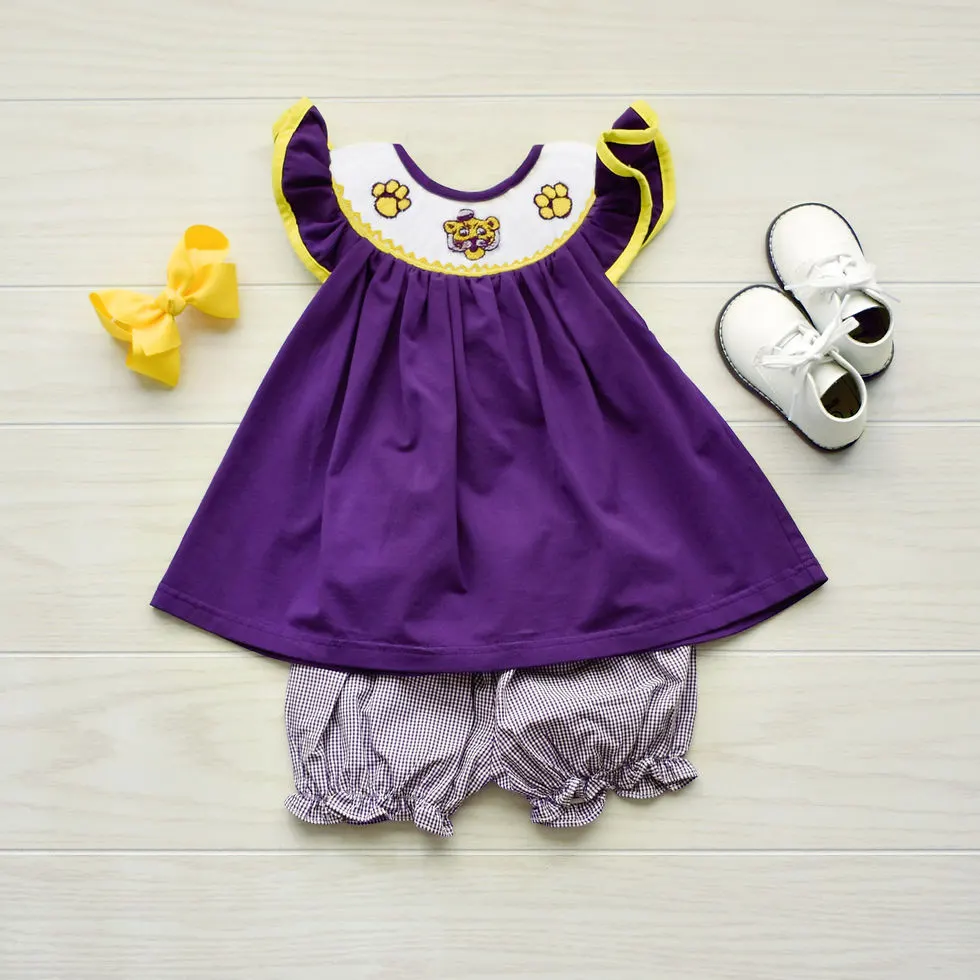 Dark purple bishop dress with angled sleeves & smock across top with tiger paws & tiger with purple gingham bloomers